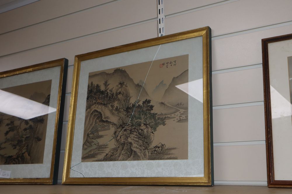Chinese School, three watercolours on silk, Landscapes, signed, 30 x 36cm